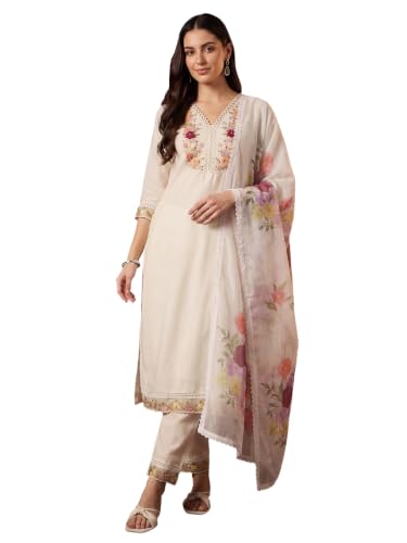 Image of INDO ERA Women's Lavender Silk Blend Embroidered Straight Kurta And Pant With Dupatta Set