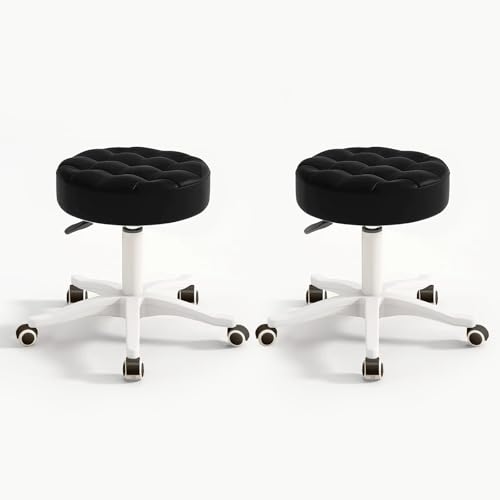 Image of Small Chair Round Rolling Stool with Wheels PU Leather Height Adjustable Swivel Drafting Work SPA Salon Stools Home Office Chair