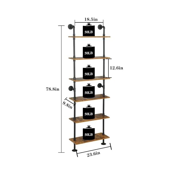 Ziothum 6 tier industrial pipe shelves shelf shelving rustic wood metal wrought iron ladder bookcase bookshelf wall mounted mount diy loft vintage floating hanging storage display 236x98x787  urban country home decor