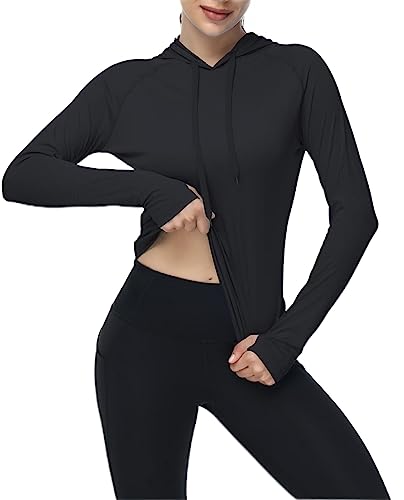 Women's UPF 50+ Sun Protection Shirt Long Sleeve Athletic Hoodies Lightweight Fishing Running Thumbholes Shirt Black L