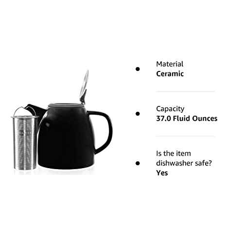 Tealyra - Drago Ceramic Teapot Black - 37Oz (4-6 Cups) - Large Stylish Teapot With Stainless Steel Lid Extra-Fine Infuser To Brew Loose Leaf Tea - Leed-Free - 1100Ml #TOP6