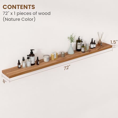 Image of Floating Shelves for Wall Decor, 8 inch Deep Rustic Solid Elm Wood Floating Shelves Wall Mounted, Wall Shelves with Invisible Bracket for Living Room Bathroom Bedroom Kitchen, 72 Inch Set of 1, Natural