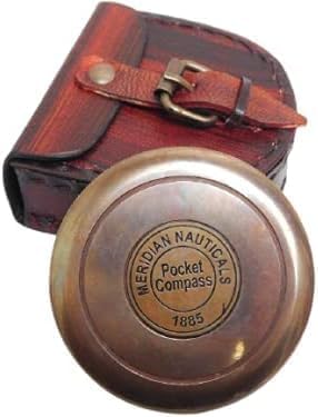 Brújula de bolsillo de latón vintage con funda de cuero, juego de 10 piezas, bronce