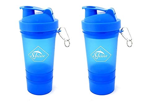 SHINE 2 PACK PROTEIN BOTTLE SHAKERS WITH TIGHT LIDS FOR SPORTS AND FITNESS with compartments (2 PACK, BLUE)