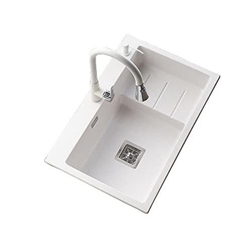 Fregadero de cocina, lavabo empotrado de cuarzo de una sola ranura grande, juego de fregadero blanco, grifo extraíble, dispensador de jabón, tamaño: 56 * 43 cm, 62 * 45 cm, 69 * 46 cm, 73 * 48 cm