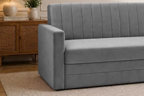 Image of Modern Velvet 3 Seater Sofa Cum Bed with Armrest, Convertible Sleeper Couch Sofa for Living Room - Grey Color