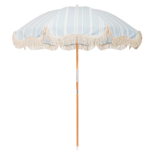 Business & Pleasure Co. Rio Fringe Umbrella For Beach, Patio or Picnic - 6' Boho Beach Umbrella, White Fringe, 7' Tall Wood Pole, UPF 50+, Vintage Blue Stripe