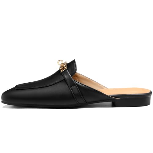 Image of Design Mules for Women, Almond Toe Slip-On Flats, Backless Loafers with Matal Buckle, Comfort Casual & Dressy Shoes