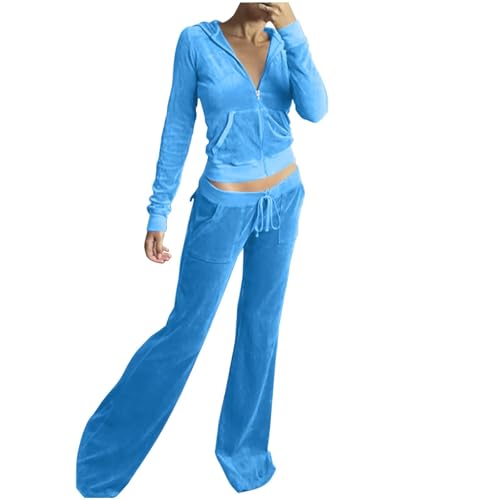 Fccrian Conjuntos de chándal de terciopelo para mujer de 2 piezas, chaqueta con capucha de manga larga con cremallera, pantalones de pierna ancha, traje casual Y2K para mujer, azul celeste, S