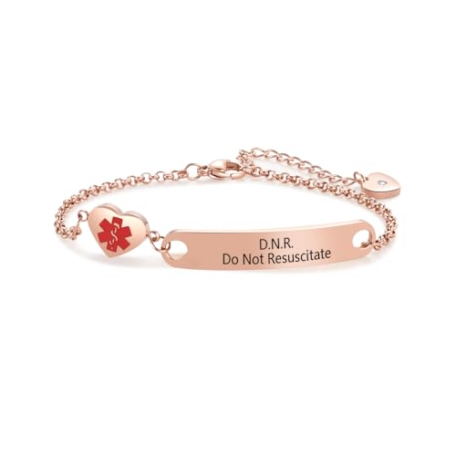 NARTGO Rose Gold Heart Medical Alert Do Not Resuscitate DNR Bracelet for Women Emergency First Aid Health Alert Engraved Stainless Steel Adjustable Chain Bracelets
