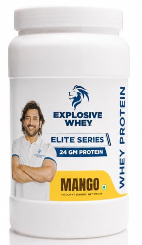 Image of Explosive Whey Elite Series Whey Protein - Trusted by M.S. Dhoni | 24g Protein per Scoop | Premium Concentrate Sport Supplement for Enhanced Muscle Growth and Recovery | Mango - 1kg (30 Servings)