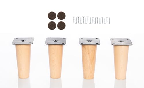 Patas de madera de Haya, con placa de montaje instalada. Pack de 4 unidades de patas para muebles, 8,10,12,15,,20...cm alto, patas de madera cónicas rectas. (4 unidades 10 cm, Natural)