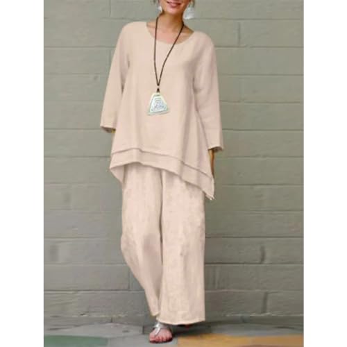 Women Linen Two Piece Pantsuits 2024 Casual Crewneck Long Sleeve Shirt Tops Wide Leg Lounge Pants Fashion Outfits2