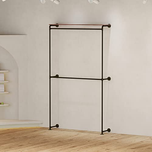 96.5” H Industrial Pipe Black Clothing Rack, With Shelves Wall Mounted Garment Rack Closet System Rods For Hanging Clothes Rack Multi-Purpose Heavy Duty Hanging Rod For Storage #TOP7