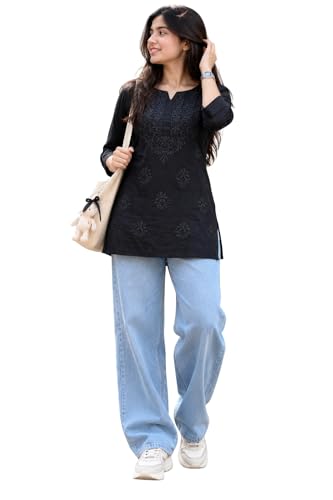 Women's Chikankari Embroidered Rayon Straight Short Kurti | 3/4 Sleeves | Regular Fit