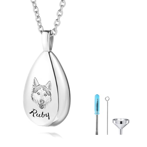OTXIXTO Personalized Pet Ashes Necklaces Stainless Steel Teardrop Urn Pendant with Customized Pet Sketch Photo/Text Memorial Jewelry for Dog & Cat Cremation Keepsake for Ashes with Funnel Kit - A1