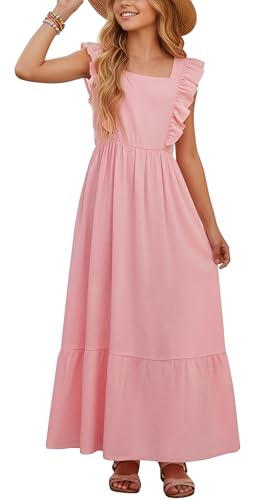 Image of NEAWEALY Girls Dresses Kid Ruffle Sleeves Maxi Dress A-Line Elegant Party Dance Casual Sundress 12-13 Years Pink