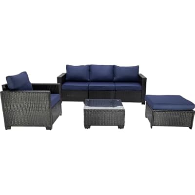 TINASUUS 6 Pieces Patio Furniture Sets, All-Weather Outdoor Furniture Wicker Patio Conversation Set Outdoor Sectional w Cushions for Porch Poolside Backyard Deck Lawn (Coffee-Dark Blue)