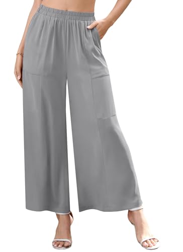Women's High Waist Casual Wide Leg Long Palazzo Pants Elastic Waistband Pockets Work Elegant Flowy Trousers