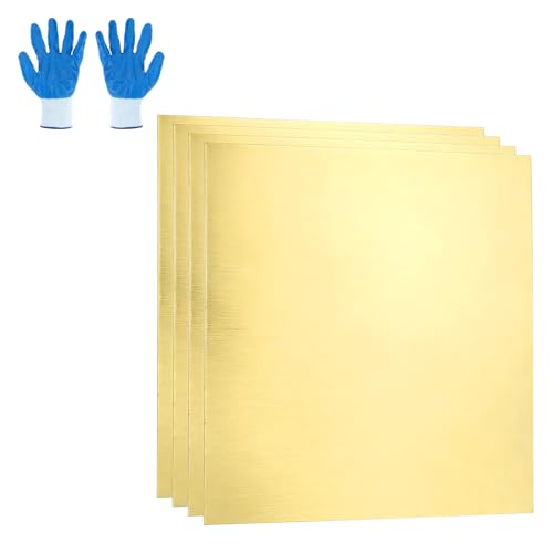 MECCANIXITY Brass Sheet, 2" X 2" 26 Gauge(0.4mm) Thickness H62 Brass Metal Plates Thin Metal Sheets with Gloves for Craft DIY Model Jewelry Electrical Repair Industrial, Pack of 4, Gold
