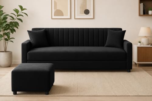 Image of 3 Seater Wooden Sofa Set with Ottoman for Living Room | Premium Velvet Fabric Wooden Frame | Modern Design | Comfortable Cushioned Sofafor Home, Office & Lounge | Black