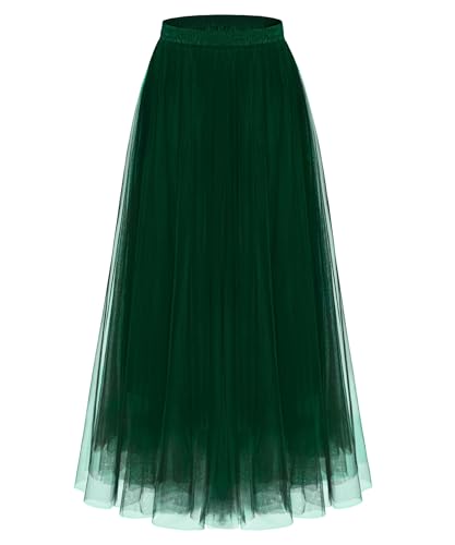 Kingfancy Women's Winter Skirts 2 Layered Tulle Tiered Long Skirts Elastic Waist A-Line Midi Skirts Dark Green M