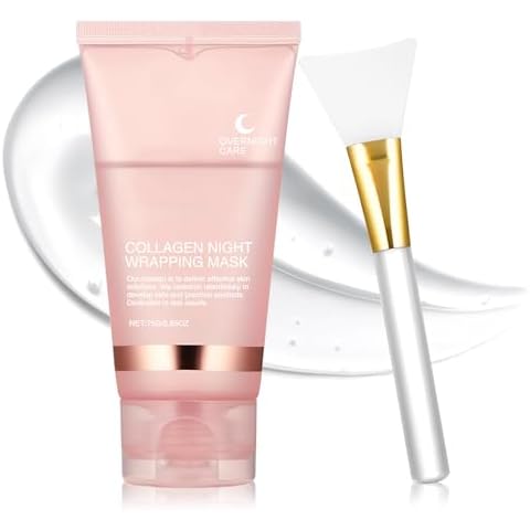 MUOCOBU Collagen Overnight Wrapping Peel Off Face Mask Collagen Face Mask Overnight-Deep Hydration Care, Reduce Sagging & Dullness for Glowing Skin 2.65 fl.oz, Brush Included (PINK) Cover