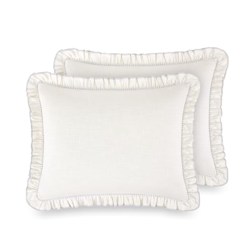 Image of kate spade new york Cotton Ruffle Full Queen Comforter Set, Cotton Linen-Like Reversible Cover, All Season 3 Piece Bedding Set, Machine Washable, White and Glacier Gray