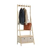 BRINDEK Perchero recibidor de Madera de Abeto con baldas y 2 cajones de Tela extraíbles | Burro Multifuncional para Ropa, Zapatos y Accesorios | 67x40x175 cm