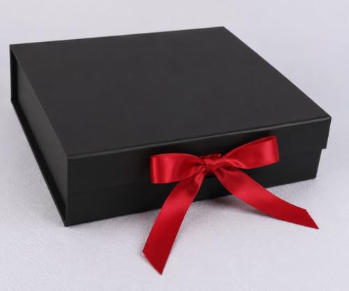 Image of Awestuffs Premium Black Gift Box with Red Ribbon, Reusable Gift Packaging Box (26 x 26 x 11 cm) for Gift Hampers, Weddings, Birthdays, Anniversaries, Festivals & Corporate Gifting (Set of 1)