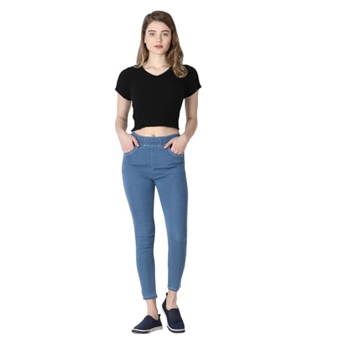 Image of 4Flies Women's Denim Lycra Jeggings - Stretchable Slim Fit Ankle-Length Pants for Casual, Office & Travel Wear - Stylish & Comfortable