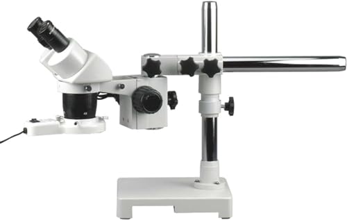 Image of AmScope SW-3B24-FRL Binocular Microscope, WH10x Eyepieces, 10X and 40X Magnification, 2X /4X Objective, Single-Arm Boom Stand, 8W Fluorescent Ring Light, 110V-120V