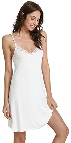 GYS Womens Bamboo Viscose Full Slips for Under Dresses Soft Adjustable Spaghetti Straps Cami Slip Dress White Medium