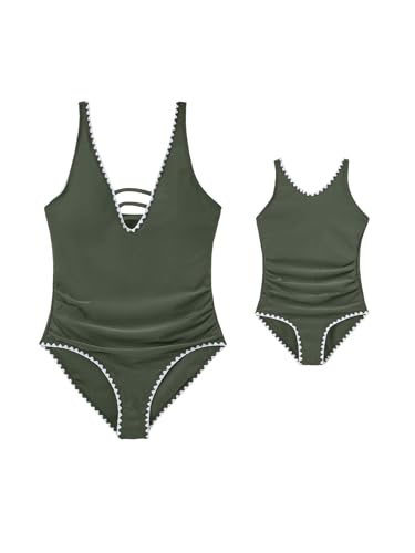 Image of IFFEI Mommy and Me Swimsuits V Neck Tummy Control One Piece Bathing Suit Family Matching Swimwear Beachwear