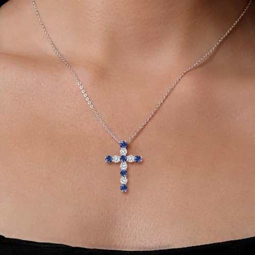 Gem Stone King Moissanite and Blue Created Sapphire Cross Pendant Necklace for Women | 925 Sterling Silver | Round 3.5MM | 1.64 Cttw | with 18 Inch Silver Chain | 1.20 Inch3