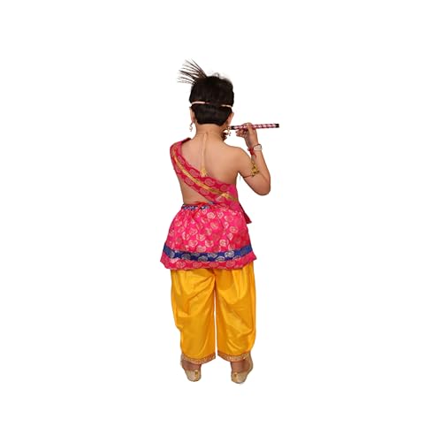 Image of Kaku Fancy Dresses Krishna Costume With Dhoti For Boy /Janmashtami /Bal Gopal Dress /Kanha Costume /Bal Krishna /Mythological Costume For Boy - Yellow-Red, 1-2 Years