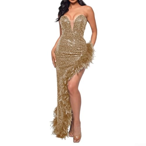 Elegante vestido de noche con plumas y abertura lateral alta, opción ideal para eventos sociales (S)