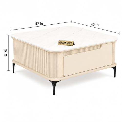 Image of WOODEN SPACE Premium Solo Marble-Top Wooden Center Table for Living Room | Iron Legs | PVD Coating | Modern Entryway Furniture | Coffee Table (Cream, 42x42x18 Inch)