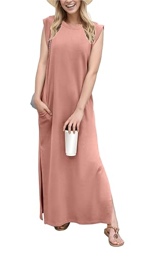 Image of GRECERELLE 2026 Women Year-Round Casual Round Neck Loose Split Wrinkle-Free Long Maxi Vacation Dress with Pockets (XXS-4XL)