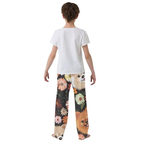 Pomeranian Florals Boys Long Pants Soft Trousers Elastic Waist Kids Lounge Bottoms with Pockets S-XL3
