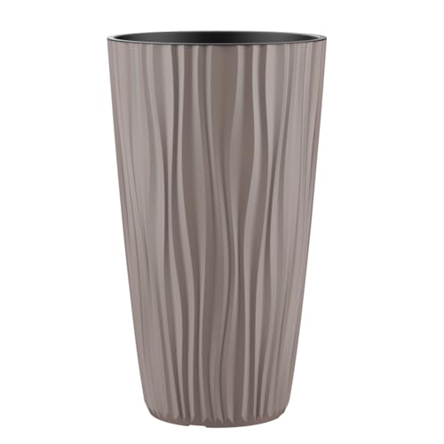 Engelland Pflanzkübel mit Einsatz, Blumentopf mit Wasserspeicher & 3D Struktur, hoch & rund, modern & frostfest, robust & langlebig, für Innen & Außen, Kunststoff, Ø 28 x H 49 cm, Braun