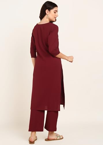 Image of BLOCKS OF INDIA Women's Solid Straight Kurta Set | Hand-Stitched Neck Details with Pintucks | Comfortable Pants with Pockets, Elastic Waist & Drawstring Fit
