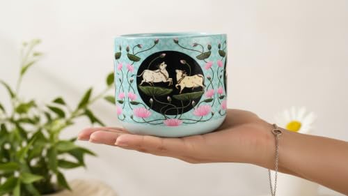 Image of Kamdhenu Terracotta Planter for Indoor Plants, Decorative Plant Pot with Lotus & Cow Artwork, Indian Traditional Home Decor, Flower Pot for Living Room, Balcony & Gifting