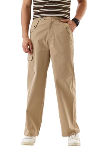 Image of SNITCH Men Cargo Pants | Relaxed Fit Wide-Leg Utility Wear | 100% Polyester with Herringbone Texture & Multiple Utility Pockets | Durable Design for Casual & Everyday Wear