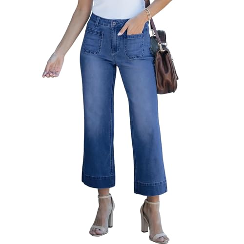 Capri Jeans for Women Casual Baggy High Waisted Wide Leg Denim Pants Comfy Tummy Control Straight Jeans with Pockets