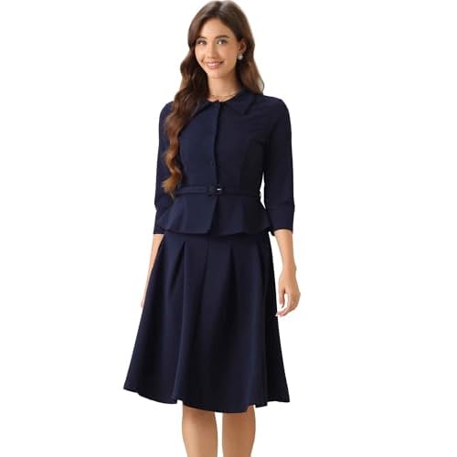 Allegra K Business Skirt Suit Sets for Women’s 2 Piece Outfits Office 3/4 Sleeve Blazer Jacket Pleated Skirts