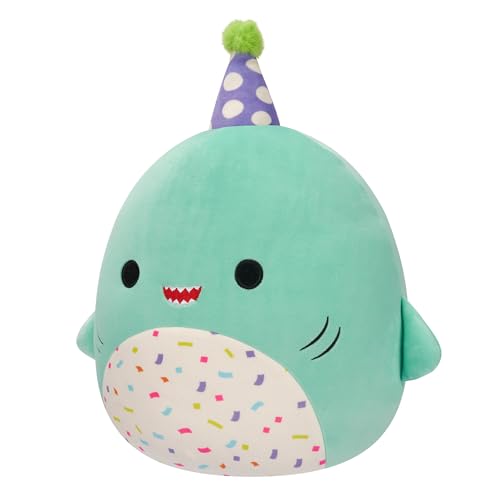 Image of Squishmallows Original 12-Inch Sharon The Teal Shark with Party Hat + Confetti Belly - Official Jazwares inchHappy Birthday inch Plush (Medium-Sized)