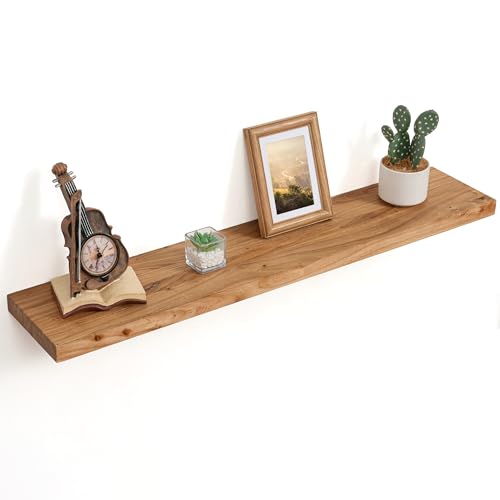 Image of Floating Shelves for Wall Decor, 8 inch Deep Rustic Solid Elm Wood Floating Shelves Wall Mounted, Wall Shelves with Invisible Bracket for Living Room Bathroom Bedroom Kitchen, 40 Inch Set of 1, Natural