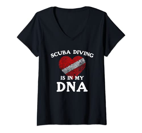 Womens Scuba Diving Is In My DNA Fingerprint Heart Diver Down Flag V-Neck T-Shirt