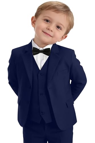 Image of Baby Boys Clothes Suits Toddler Navy Blue Formal Gentleman Wedding Outfit Dress 5Pcs Kids Infant Slim Fit Suit Sets 3T